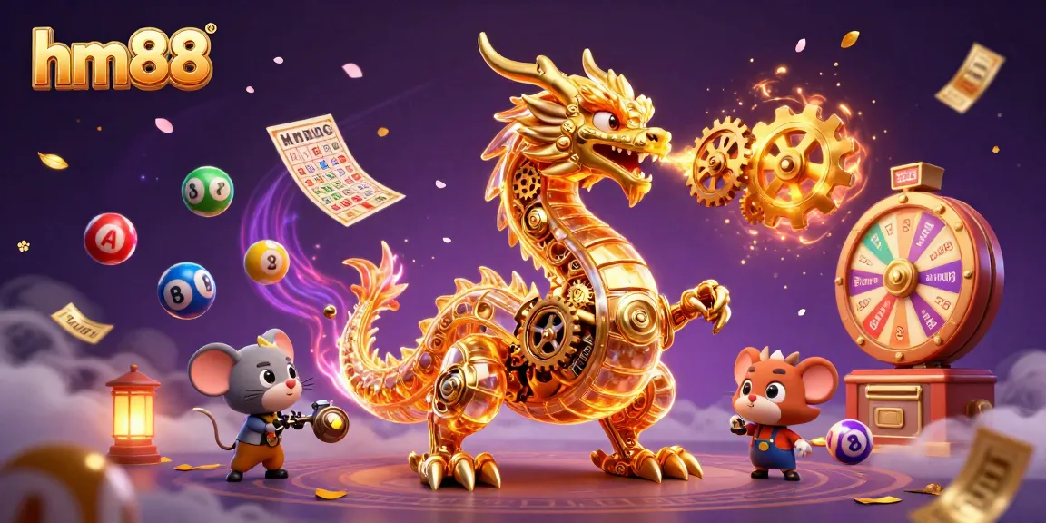 Play the exciting casino games at hm88 with vibrant lottery balls and a fantastical dragon scene.