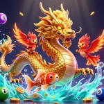 Enjoy thrilling game moments at abc8 featuring a fierce dragon, phoenix, and coins raining in this vibrant illustration.