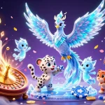 Engage with fly88's dynamic gaming adventures featuring an ice phoenix, playful cub, and shimmering casino elements.