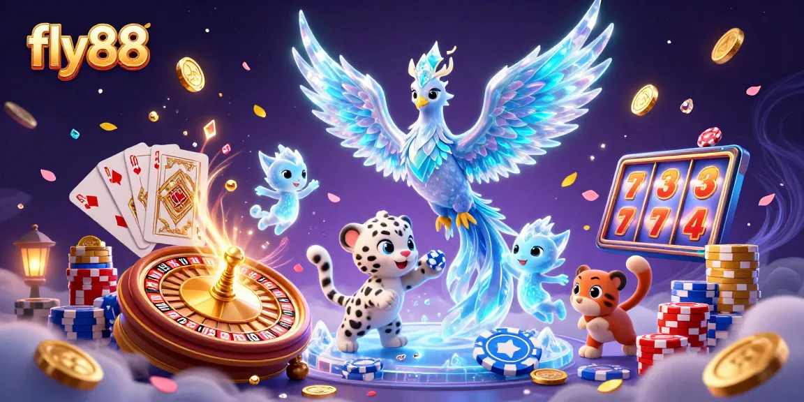Engage with fly88's dynamic gaming adventures featuring an ice phoenix, playful cub, and shimmering casino elements.