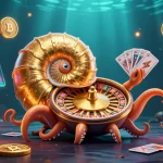 ZBET showcases a thrilling 3D cartoon gambling scene with a nautilus roulette wheel and crypto elements.