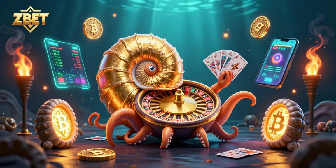 ZBET showcases a thrilling 3D cartoon gambling scene with a nautilus roulette wheel and crypto elements.