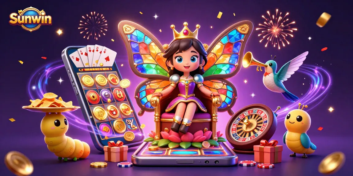 Experience the vibrant world of Sunwin with an enchanting casino illustration featuring a butterfly queen and thrilling gaming elements.