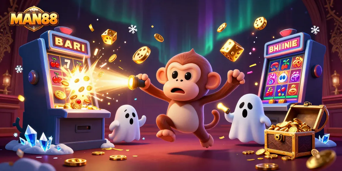 Join the excitement with MAN88 as a mischievous monkey juggles casino treasures in a haunted casino.