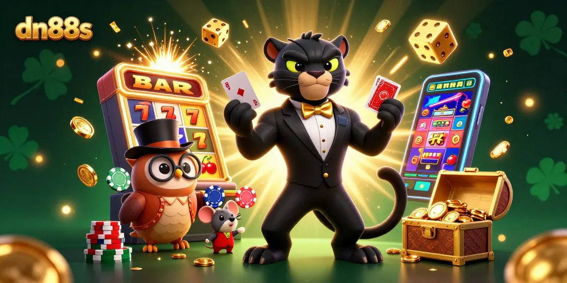 Experience excitement with the dn88s slot machines and playful characters in a colorful casino scene.