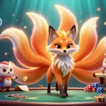 Engage with five88 as the colorful nine-tailed fox spirit interacts with poker chips and cryptocurrencies in a vibrant casino illustration.