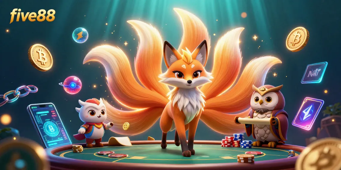 Engage with five88 as the colorful nine-tailed fox spirit interacts with poker chips and cryptocurrencies in a vibrant casino illustration.