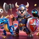 Experience thrilling action at 88clb with our dynamic casino-themed illustration featuring a Viking warrior and dragon.