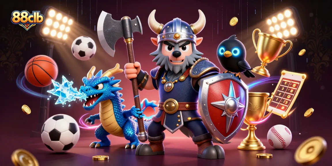 Experience thrilling action at 88clb with our dynamic casino-themed illustration featuring a Viking warrior and dragon.