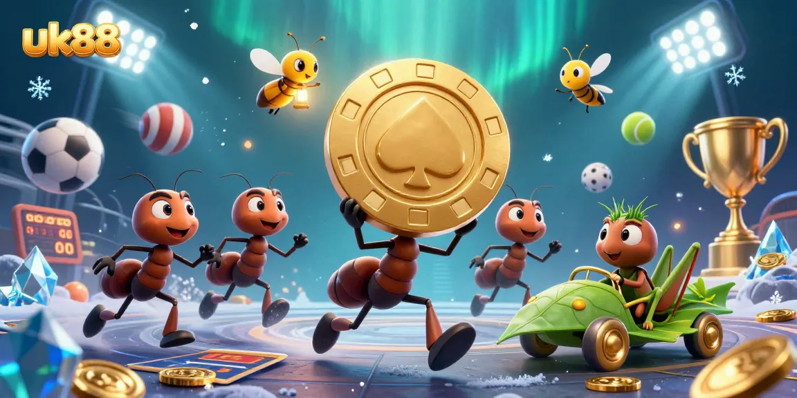 Experience exciting gameplay at uk88 featuring ants on a gold poker chip heist surrounded by dynamic sports elements.