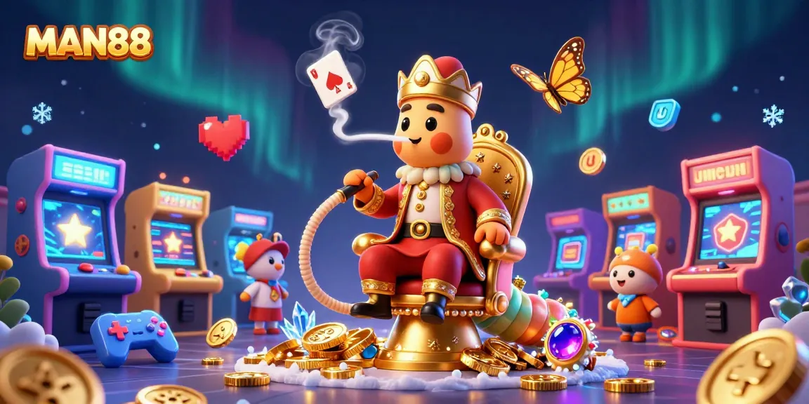 Engage with the vibrant allure of MAN88 through this colorful casino-themed illustration showcasing unique gaming elements.