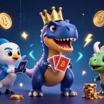 Engage with MAN88 at a vibrant casino scene showcasing a T-Rex and friends handling thrilling card games.