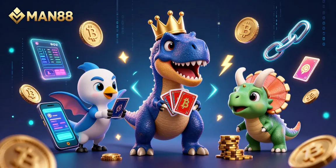 Engage with MAN88 at a vibrant casino scene showcasing a T-Rex and friends handling thrilling card games.