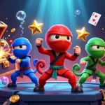 lu88 ninja chameleon team performing martial arts on a casino-themed rooftop with gold coins, slot reels.