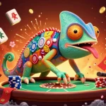 Aureon Casino features a chameleon casino owner enveloped in vibrant colors, collecting golden coins amidst festive game elements.