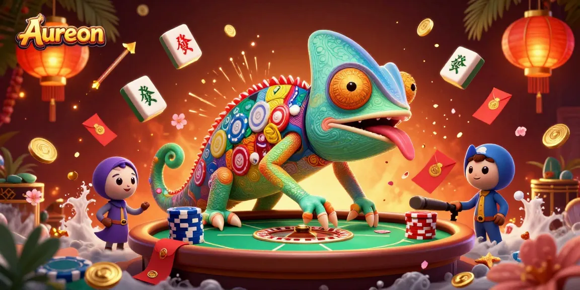 Aureon Casino features a chameleon casino owner enveloped in vibrant colors, collecting golden coins amidst festive game elements.
