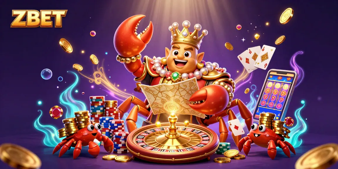 ZBET players enjoying dynamic casino action with golden crab emperor, vibrant game elements, and winning excitement