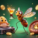 SX88 enhances excitement as a 3D cartoon mosquito casino mascot holds a golden cocktail in a vibrant casino scene.