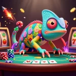 Engage with Sunwin's vibrant casino scene, featuring a chameleon owner amidst slot reels and poker elements.