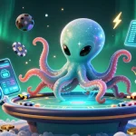 Engage with MAN88's vibrant, intergalactic poker scene featuring a cartoon octopus and crypto elements.
