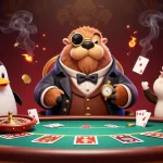 ZBET spins excitement with a jolly walrus and friends playing poker in a vibrant 3D casino