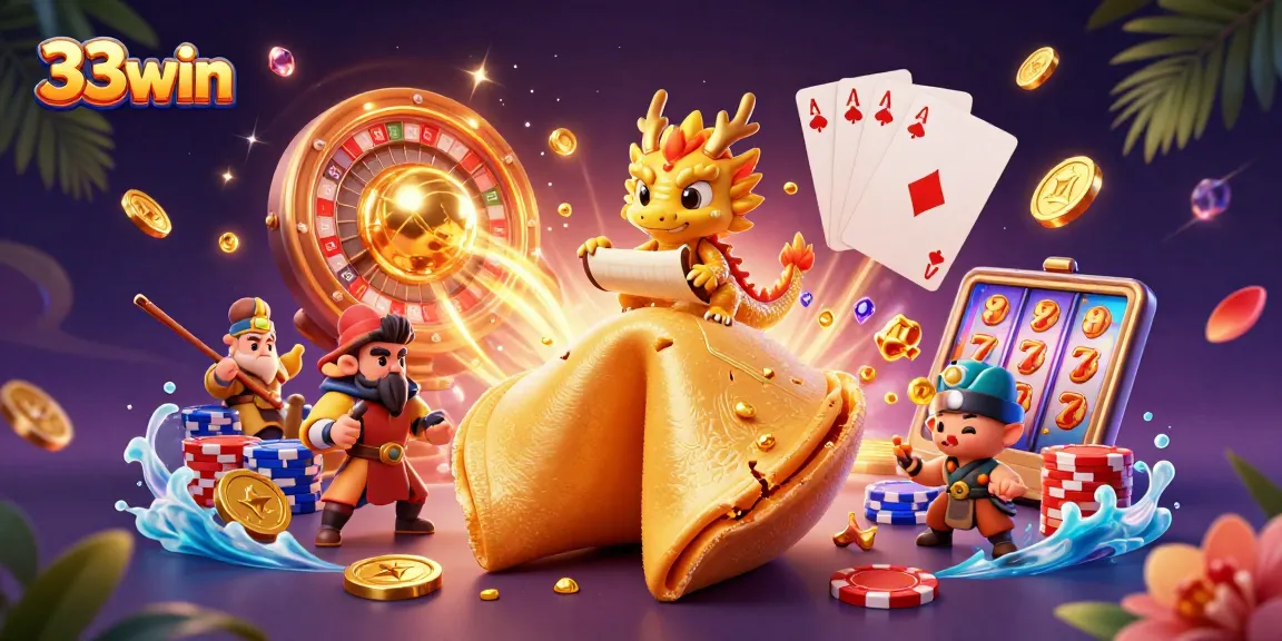 Experience the thrill of 33win with a vibrant 3D casino scene featuring gold fortune elements.
